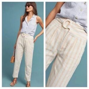 Anthropologie pink white stripe linen high waist belted pants